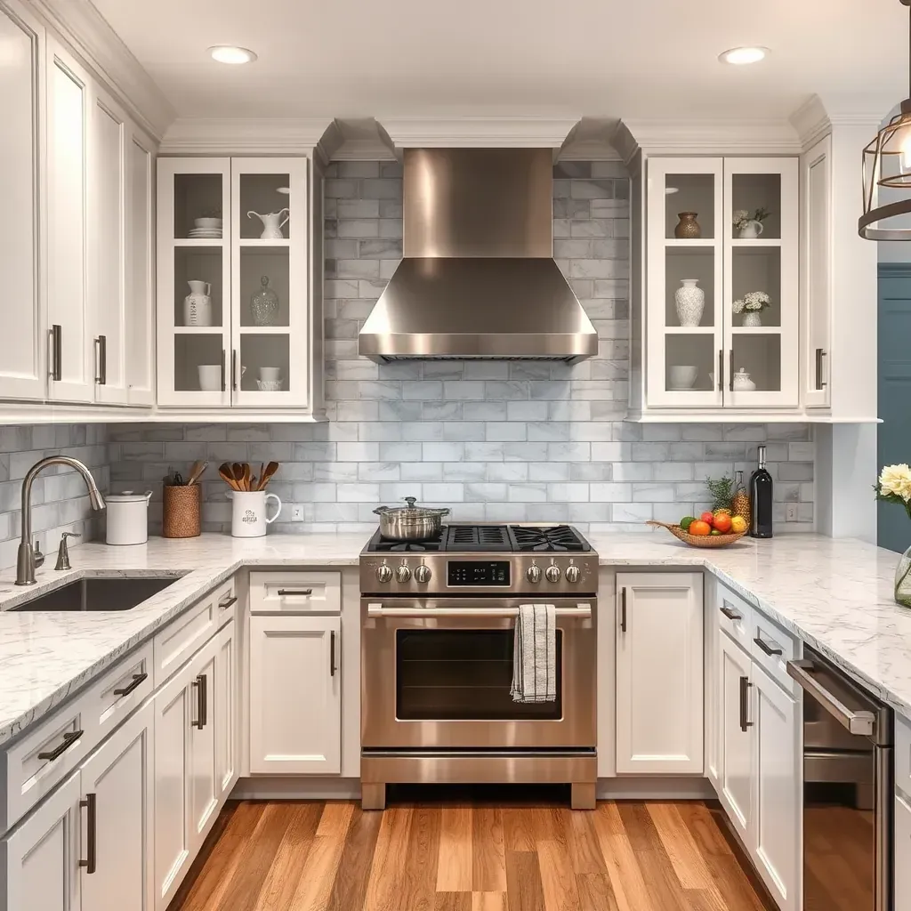Modern Huntingtown, MD kitchen with sleek wood cabinets, marble countertops, stainless steel appliances, and hardwood flooring.