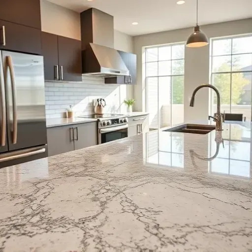 Completed granite or quartz kitchen countertop in Pasadena Maryland with intricate veining, polished finish, and modern appliances
