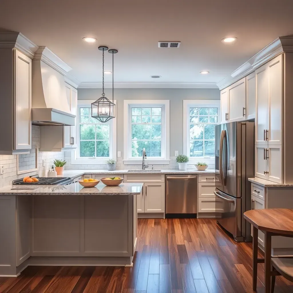 Modern Gaithersburg, MD kitchen with custom cabinetry, stainless steel appliances, quartz countertops, island, and hardwood floors.