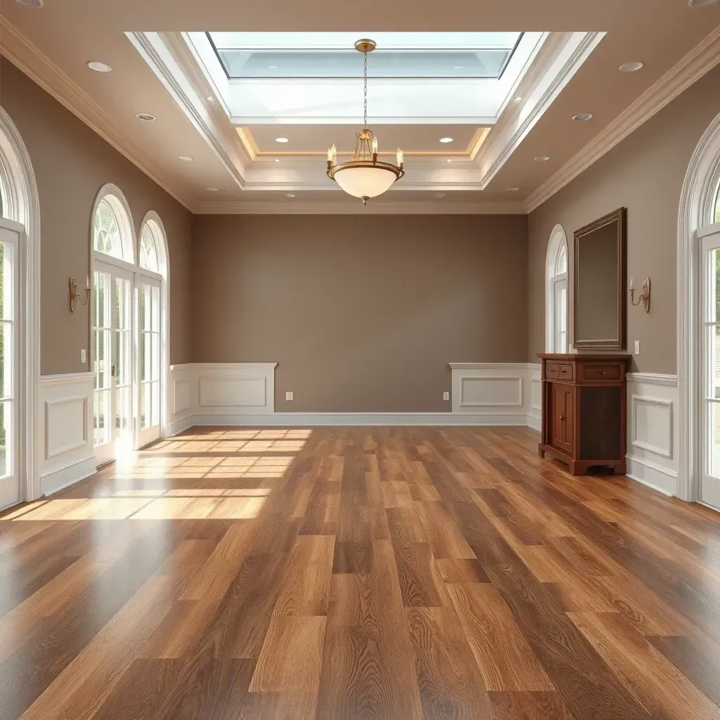 Close-up of warm-toned hardwood flooring in a Pasadena, MD home, with natural wood grain, smooth finish, and sunlight reflections.