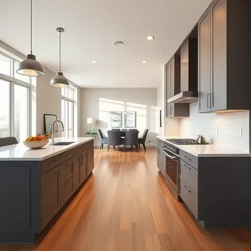 Renovated modern kitchen in Parkton MD with sleek matte cabinetry, quartz island, stainless appliances, hardwood floors, and elegant decor