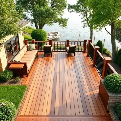 Beautiful finished outdoor deck in Pasadena Maryland with timber construction, built-in seating, lighting, and lush landscaping