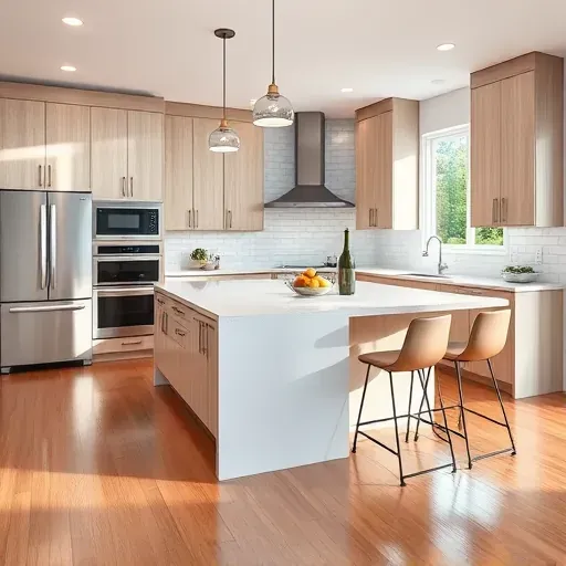 Modern kitchen remodel in Pasadena MD with quartz countertops, custom cabinetry, and spacious layout showcasing style and functionality.