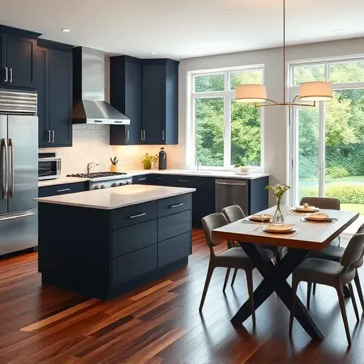 Completed kitchen remodel in Middletown, MD with navy and white cabinetry, quartz countertops, and modern appliances.