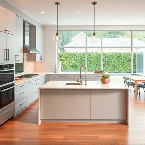 Elegant modern kitchen in Welcome Maryland with sleek matte cabinetry stainless steel appliances marble island hardwood floors and natural light