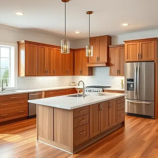 Renovated Glen Arm kitchen with granite countertops stainless steel appliances warm wood cabinetry central island hardwood floors and natural light
