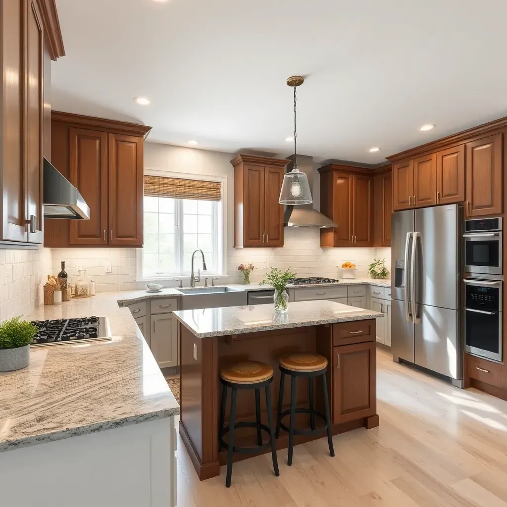 Modern kitchen in Parkton, MD with custom cabinets, granite countertops, stainless steel appliances, and hardwood floors.