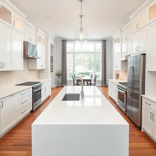 Recently remodeled Gambrills Maryland kitchen with quartz countertops white cabinets backsplash pendant lighting stainless steel appliances and hardwood flooring