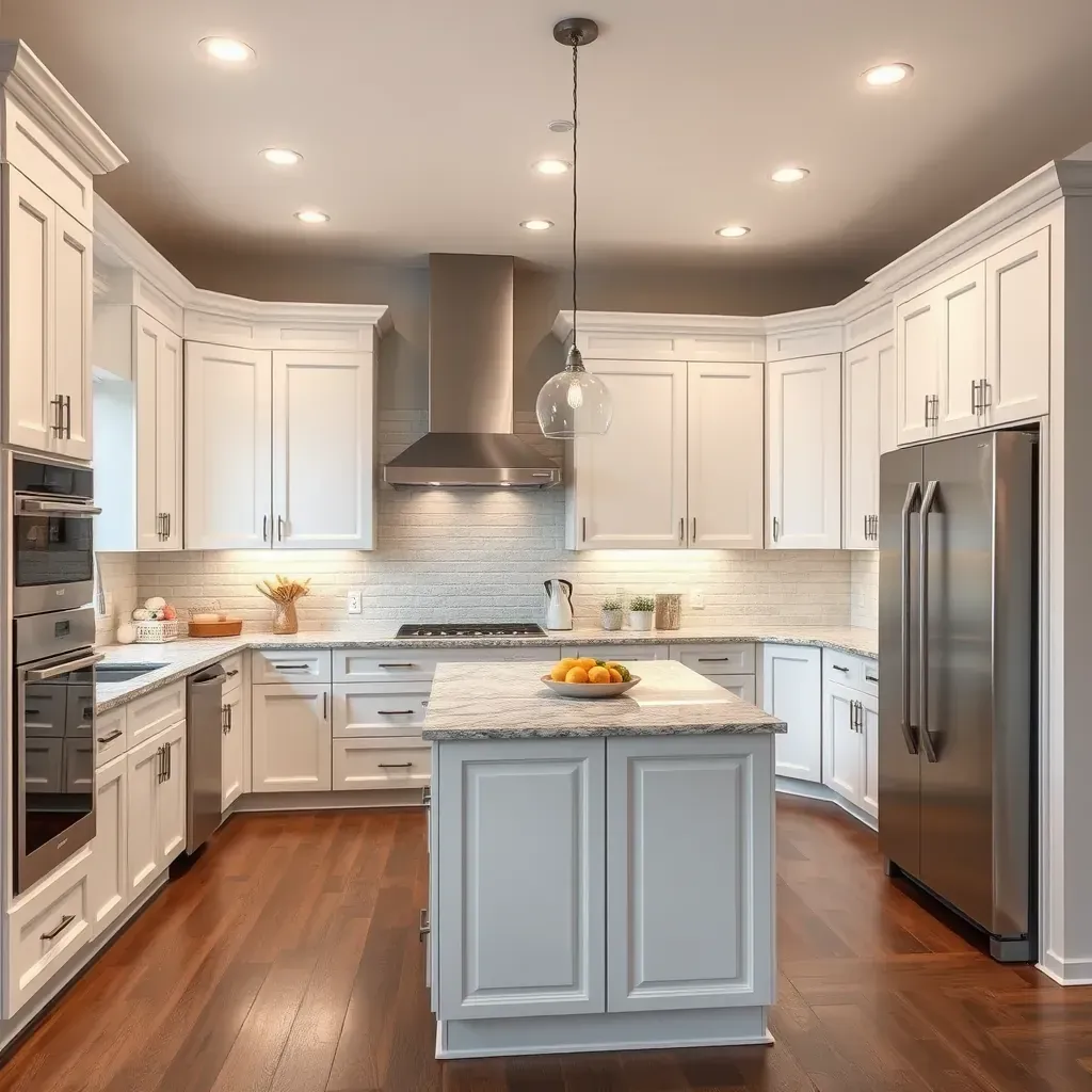 Modern kitchen with white shaker cabinets, quartz island, stainless appliances, and large windows overlooking greenery in Accokeek, MD.