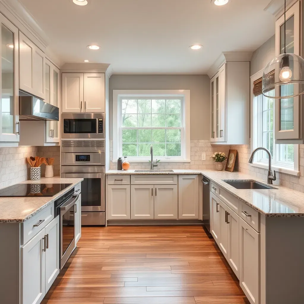 Modern Mount Airy kitchen with sleek cabinetry, granite countertops, stainless appliances, and warm wood flooring.