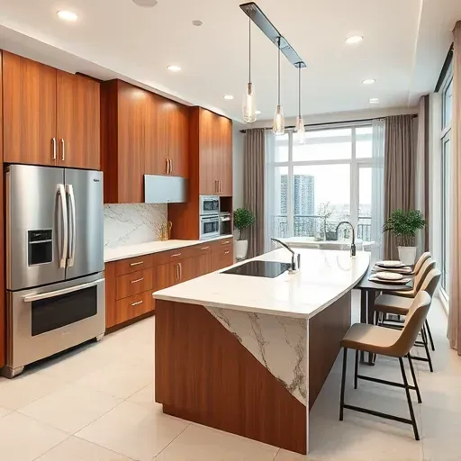 Remodeled Middletown MD modern kitchen with stainless steel appliances, quartz countertops, marble backsplash, and warm wood cabinets