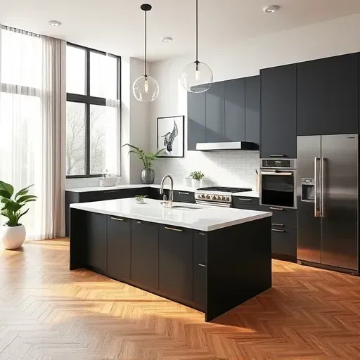 Modern Clarksville kitchen with matte black cabinets, quartz countertops, stainless appliances, hardwood floors and natural light