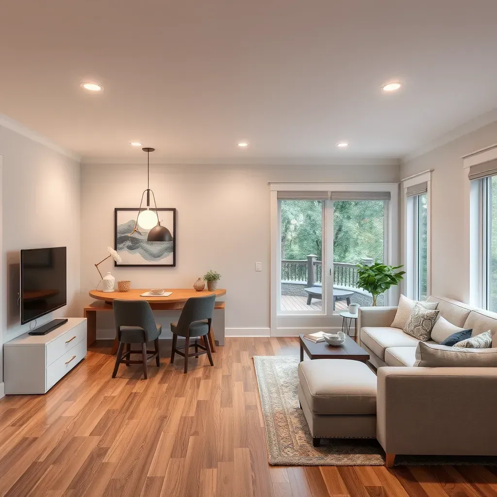Modern kitchen remodeling in Derwood, MD featuring white cabinets, quartz countertops, a spacious island, stainless appliances, and natural light.