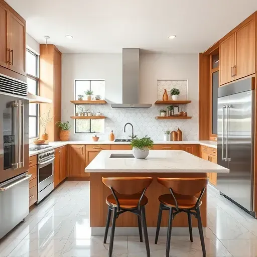 Modern kitchen remodel in Gaithersburg, MD with sleek stainless appliances, marble counters, stylish island, and elegant decor.