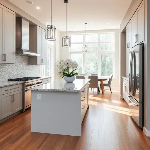 Renovated kitchen in Pasadena MD with modern cabinetry, spacious island, stainless appliances, and elegant lighting.