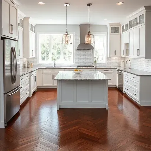 Modern kitchen remodel in Severna Park MD featuring white cabinetry, granite countertops, and elegant pendant lights.