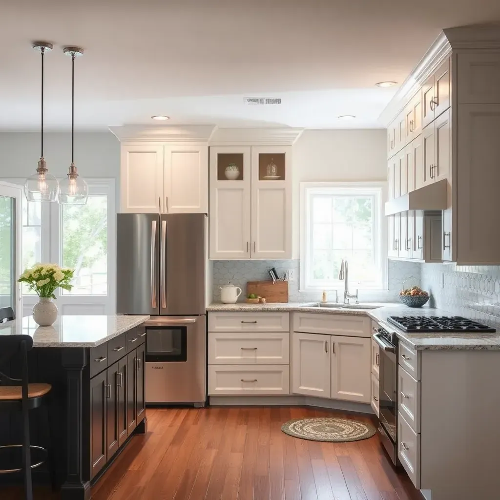 Remodeled Ijamsville, MD kitchen with white shaker cabinets, gray quartz countertops, a large island, stainless appliances, and hardwood floors.