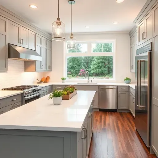 Modern kitchen remodel in White Marsh, MD features stainless steel appliances, quartz countertops, and soft lighting.