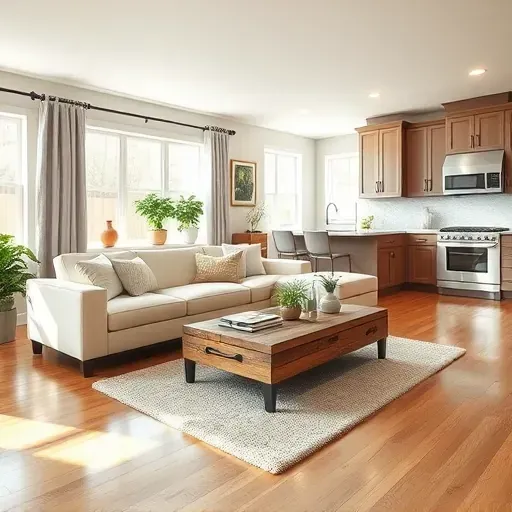 Remodeled living area in Welcome MD features sleek sofa, reclaimed wood coffee table, and modern kitchen with stainless steel appliances.
