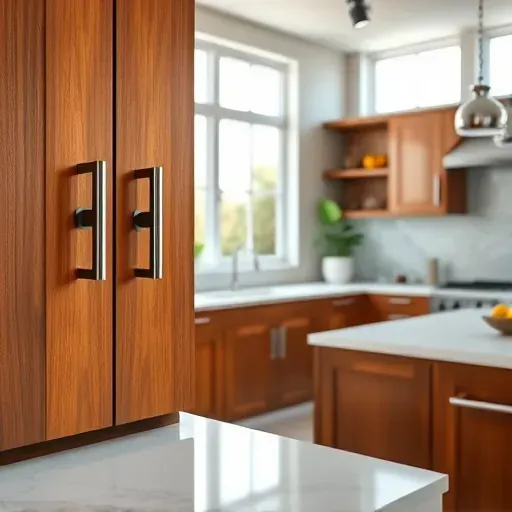 Shiny modern kitchen cabinet handles and knobs on polished wooden cabinets in a bright, stylish Pasadena MD kitchen display