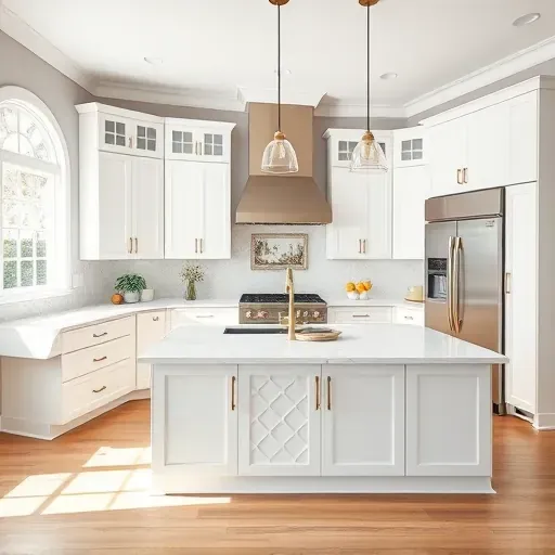 Stylish remodeled kitchen in Huntingtown MD with white cabinets, gold handles, marble island, and modern appliances.