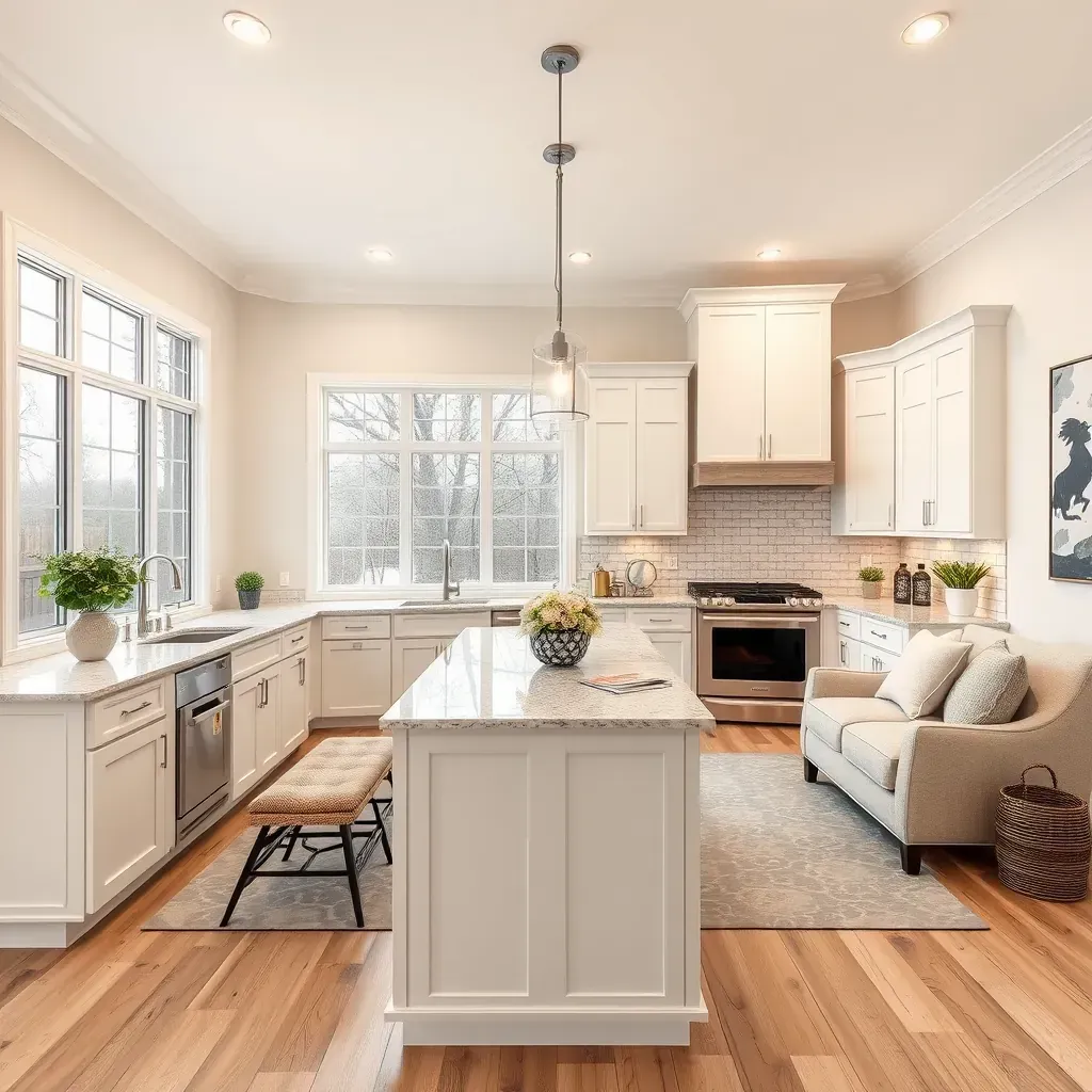 Modern Clarksville, MD kitchen with white quartz countertops, taupe cabinets, stainless steel appliances, and a stylish island.