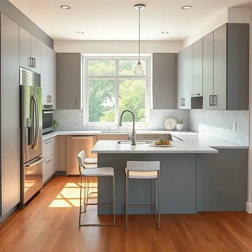 Remodeled modern kitchen in Silver Spring MD with matte gray cabinets, stainless steel appliances, quartz countertops, hardwood floors, and natural daylight