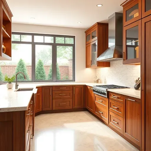 Modern upscale Pasadena kitchen with custom polished wood cabinets granite countertops sleek hardware and natural light