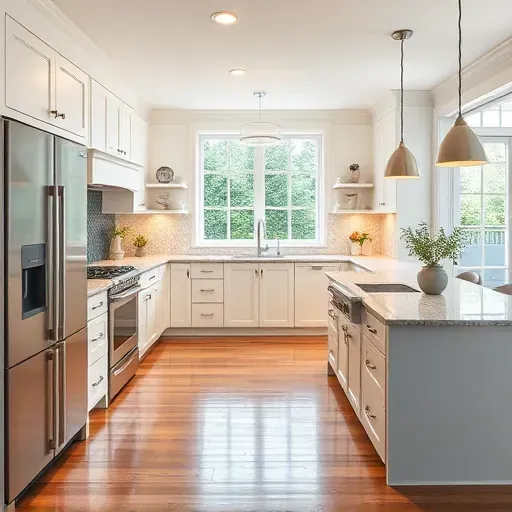Modern Bowie MD kitchen showcases sleek appliances, elegant quartz countertops, polished floors, and stylish tile backsplash.