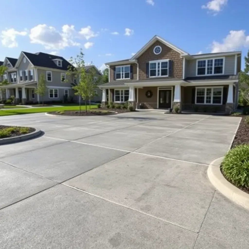 Freshly poured concrete driveway in Pasadena, MD, with construction equipment and suburban landscape in the background.