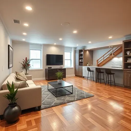 Beautiful remodeled Pasadena basement with hardwood floors, stylish decor, cozy seating, built-in shelving, and modern bar area