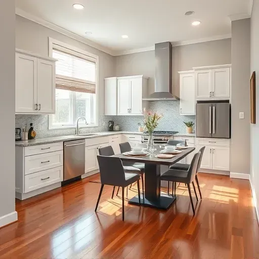 Modern Glen Arm kitchen remodel featuring custom cabinetry, granite countertops, and hardwood floors in a bright setting.