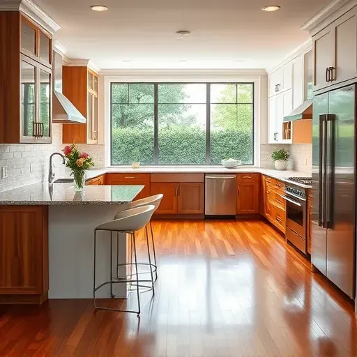 Remodeled modern kitchen in Annapolis MD with granite countertops, stainless appliances, and warm wood cabinetry.