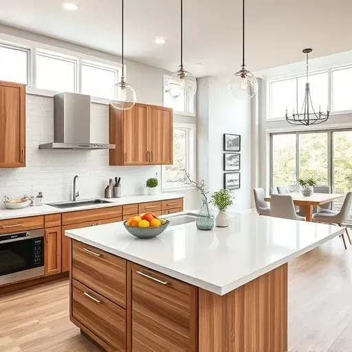 A modern renovated kitchen in Clarksville MD with quartz countertops, stainless steel appliances, and warm wood cabinetry.
