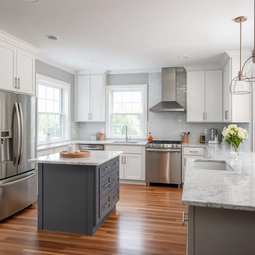 Modern Dayton, MD kitchen featuring white cabinets, quartz countertops, stainless steel appliances, pendant lighting, hardwood floors, and large windows.