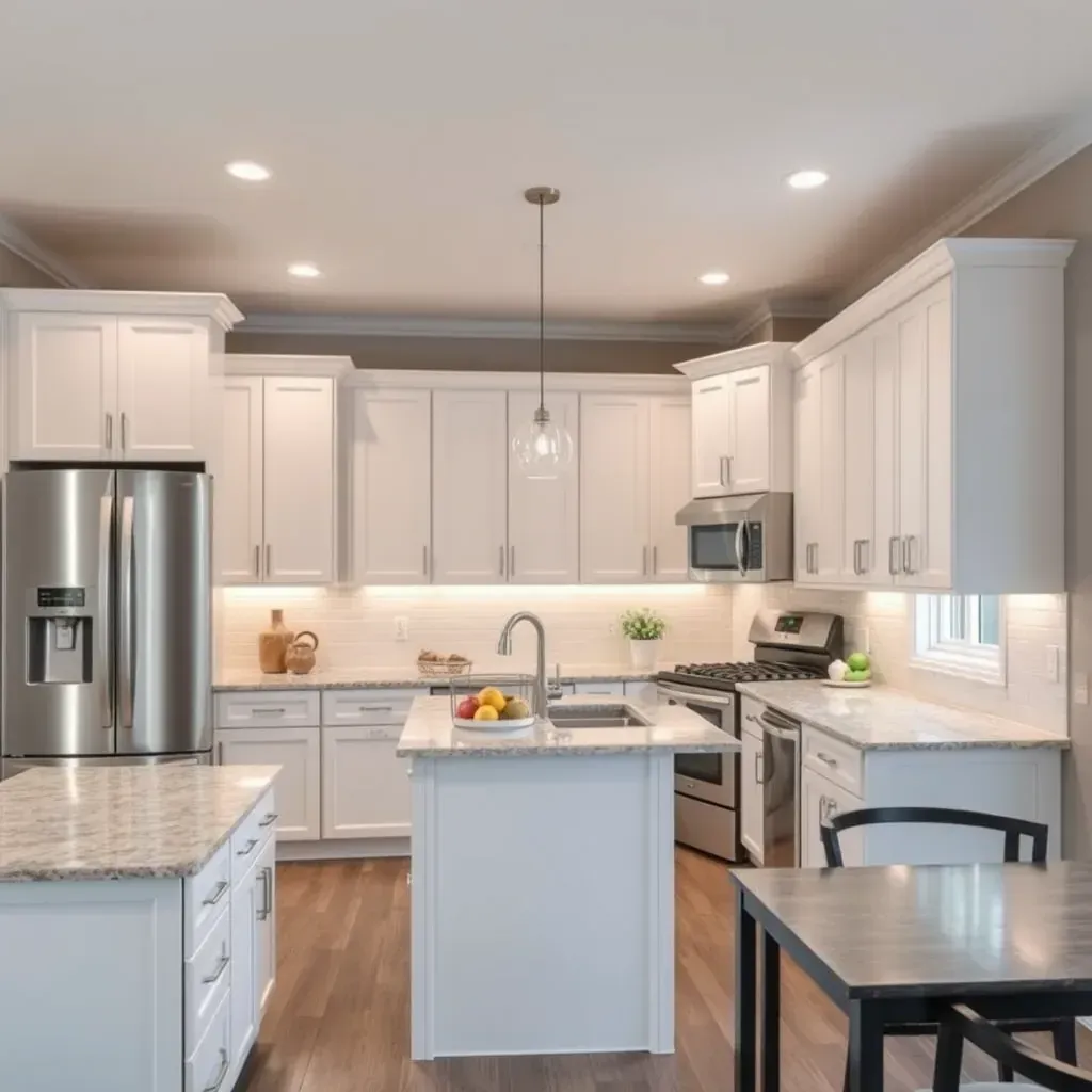A modern kitchen in Port Republic, MD with sleek cabinetry, granite countertops, and elegant lighting fixtures.