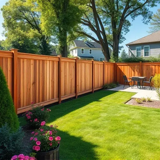 Freshly installed modern wooden fence in Pasadena Maryland backyard with lush lawn shrubs and vibrant flowers