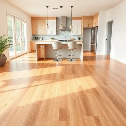 Spacious modern Pasadena kitchen with warm oak hardwood flooring, marble island, stainless steel appliances, and natural light