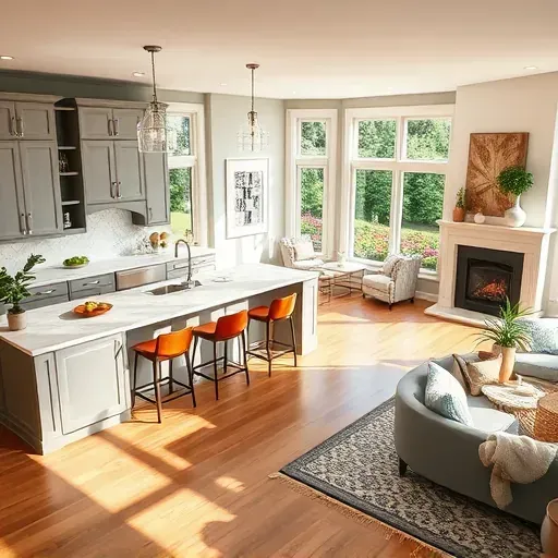 Renovated kitchen in Mount Airy MD with gray cabinetry, white marble countertops, and a cozy living area design.