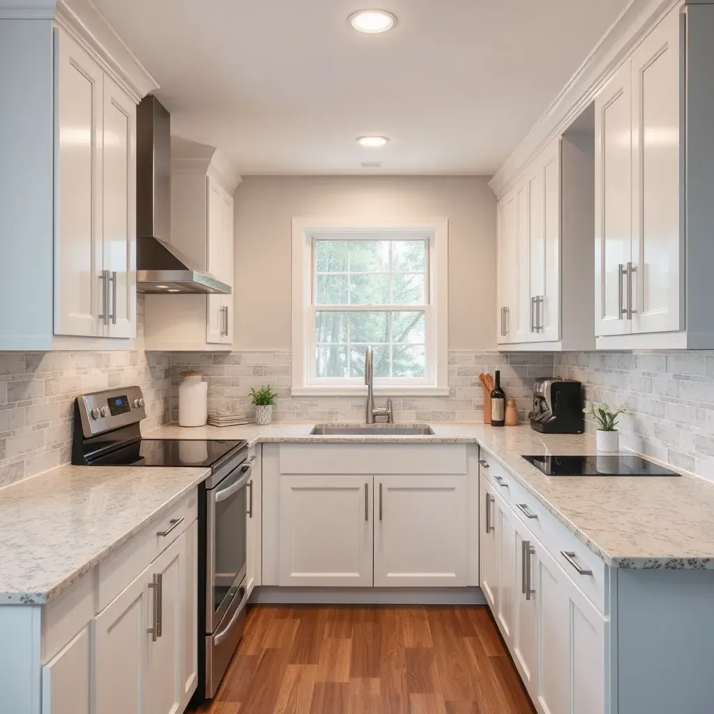 Modern kitchen with white cabinetry, granite island, stainless appliances, subway tile backsplash, hardwood floors, bright natural light.