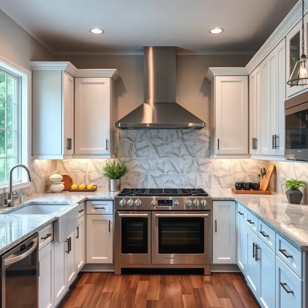 Modern Middletown, MD kitchen with quartz countertops, white subway tile, wooden cabinetry, stainless steel appliances, and natural light.