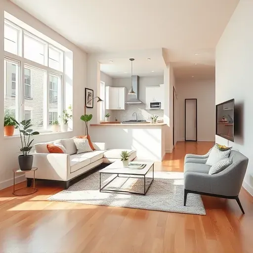 Freshly painted modern living room in Pasadena Maryland with neutral walls, contemporary furniture, natural light, and detailed decor