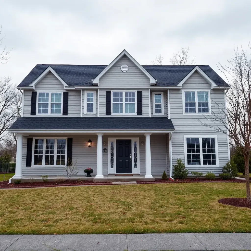 Beautiful Maryland home in Huntingtown, MD, front porch renovation, autumn leaves, fenced yard with landscaping, modern interior remodeling.