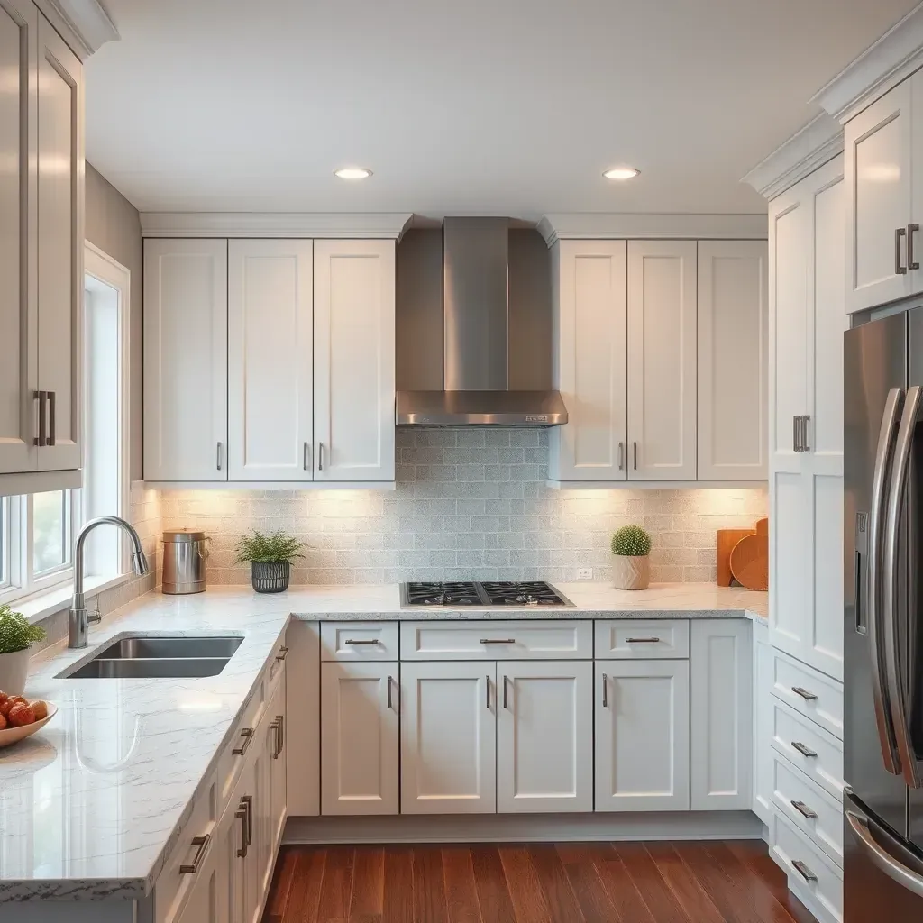 Modern Silver Spring kitchen with gray cabinets, quartz countertops, a central island, stainless appliances, subway tile backsplash, and hardwood floors.