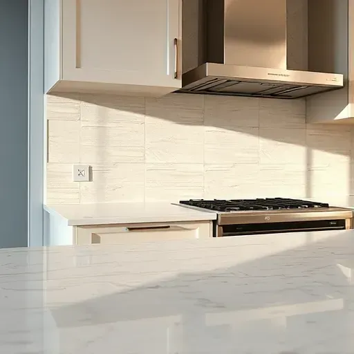 Close-up of a ceramic tile backsplash with intricate patterns behind a polished granite kitchen counter in a modern, well-lit kitchen
