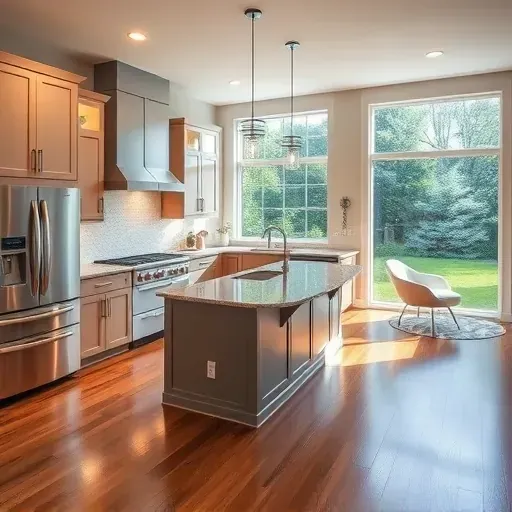 Completed modern kitchen in Mount Airy Maryland featuring sleek matte cabinets stainless steel appliances granite island hardwood floors and natural light.