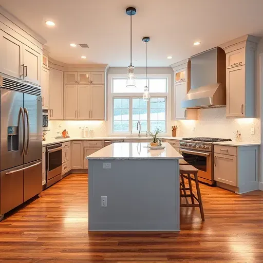Modern remodeled kitchen in Ijamsville MD with sleek cabinetry, stainless steel appliances, quartz island, hardwood floors, and natural light