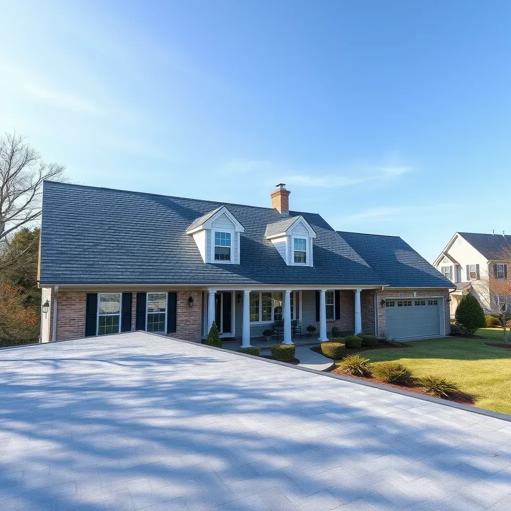 Close-up of Pasadena, MD home's roof with detailed asphalt shingles, vents, lush surroundings, and bright blue sky.
