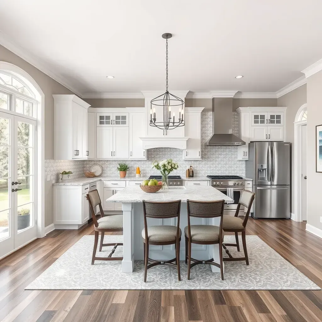 Modern, remodeled Dunkirk, MD kitchen with white cabinets, dark quartz countertops, central island, stainless appliances, and natural light.