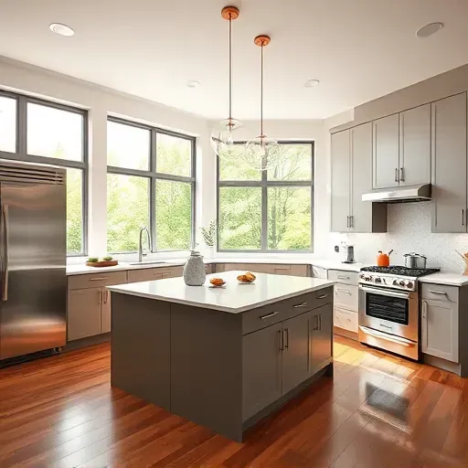 Modern Bethesda kitchen with navy cabinets, quartz counters, stainless steel appliances, hardwood floors, and abundant natural light.